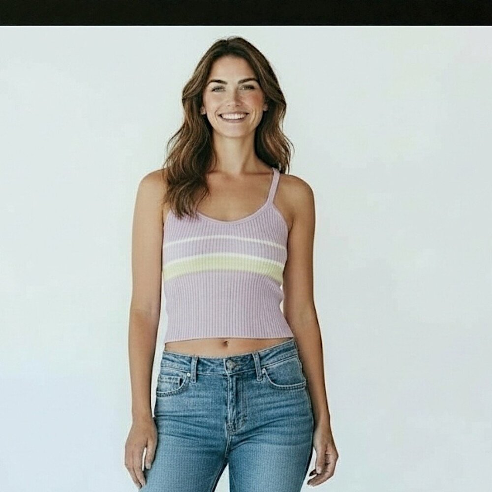 Y2K Pastel Cropped Halter Top Purple Ribbed Knit Cotton Criss‎ Cross Straps Sz M